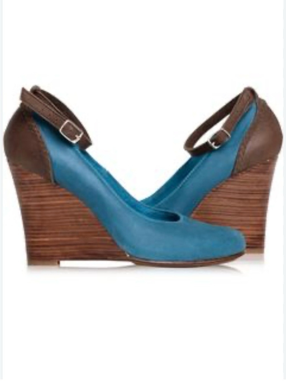 Teal and Brown Ankle-Strap Wedge Heels